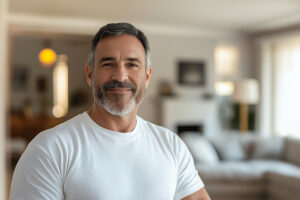 A middle-aged man with short, dark hair and a neatly trimmed gray beard is smiling warmly at the camera. He is wearing a white t-shirt and is standing in a bright, modern living room with a blurred background that includes a couch, a lamp, and some wall decor.